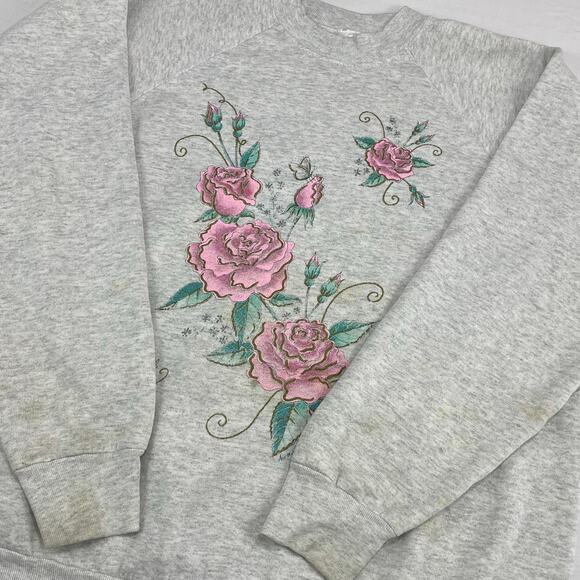 VTG 90s FOL Floral Graphic Sweatshirt size XL Roses USA Cottage Gray - Picture 7 of 9